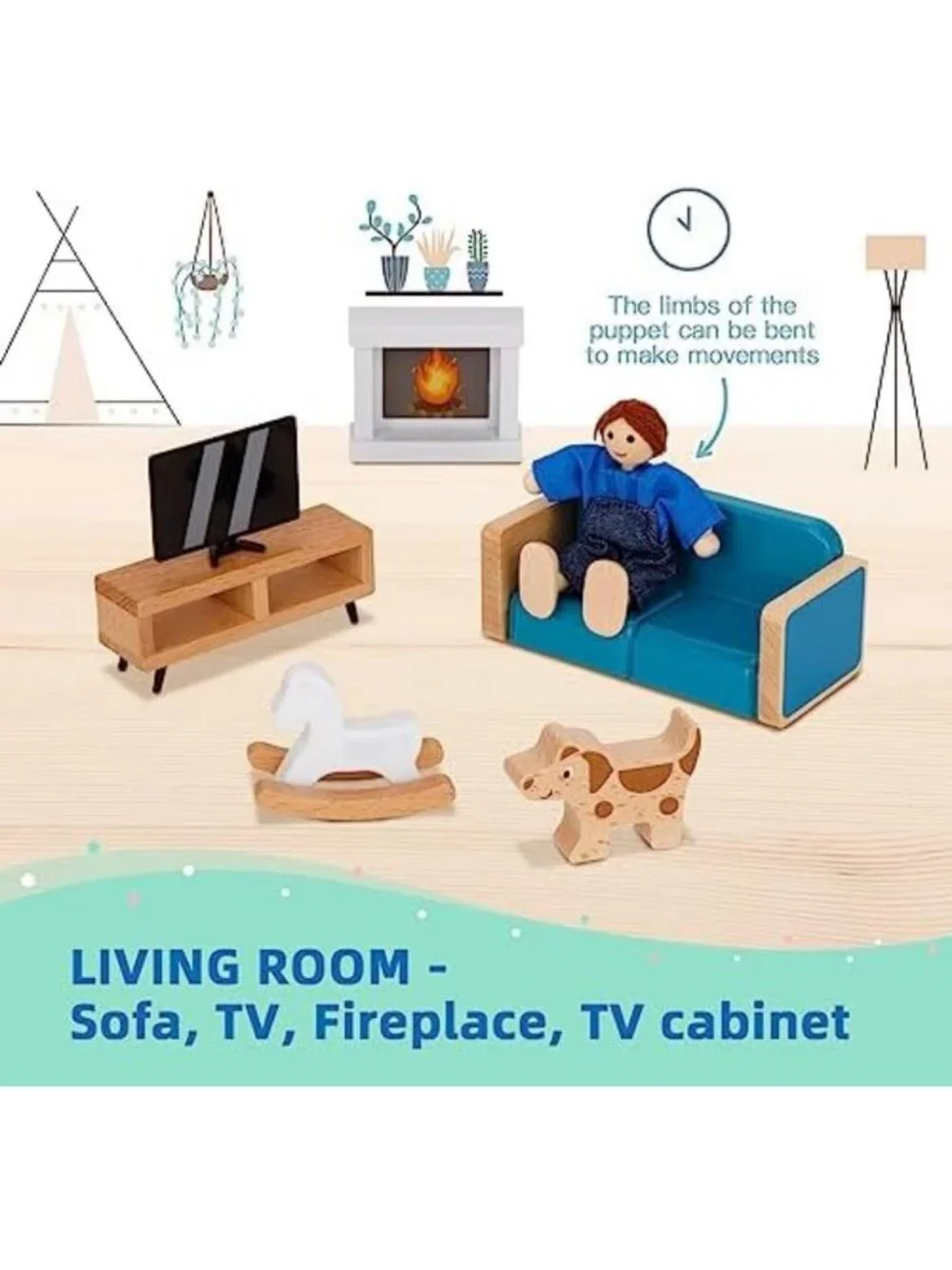 Wooden Dollhouse Furniture Set with 4 Family Dolls & Dog - Perfect Playtime